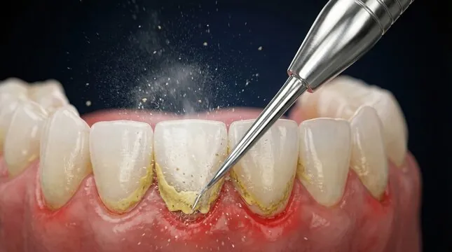 Prudentoe dentist performing professional teeth scaling and ultrasonic cleaning at a patient's home in Hyderabad
